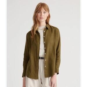 QUINCE 100% Linen Olive Green button down sz xs
